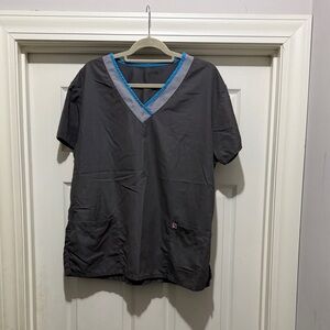 Gray V-Neck Scrub Top with Blue Trim